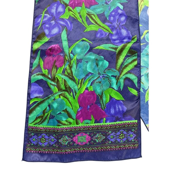 Vintage Floral Scarf Vibrant Purple Green Blue Iris Design Headwear - Picture 2 of 4